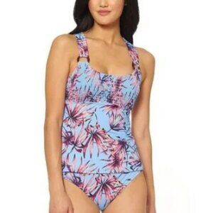 Jessica Simpson Womens Botanical Smocked Tankini Swim Set Blue